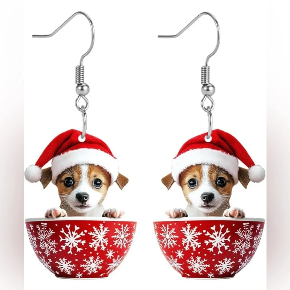 Cute Christmas Dog Santa Hat Teacup Flat Acrylic Dangle Drop Earrings NWOT